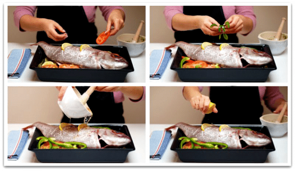 Cuando tengas la base lista, pon encima el pescado y el resto de ingredientes