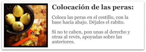 Peras al vino tinto, antes de cocinar. Colocación en el cestillo de la Thermomix