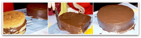 Aplicando ganaché de chocolate en una tarta