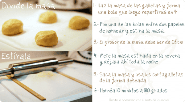 Divide la masa de tus galletas en 4 partes y estira