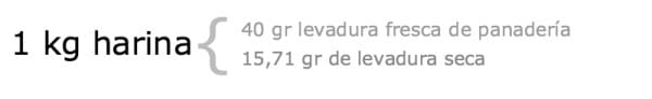 Equivalencias de levadura seca y fresca para 1 kilo de harina