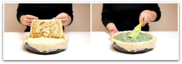 Timbal de crepês con pollo y espinacas